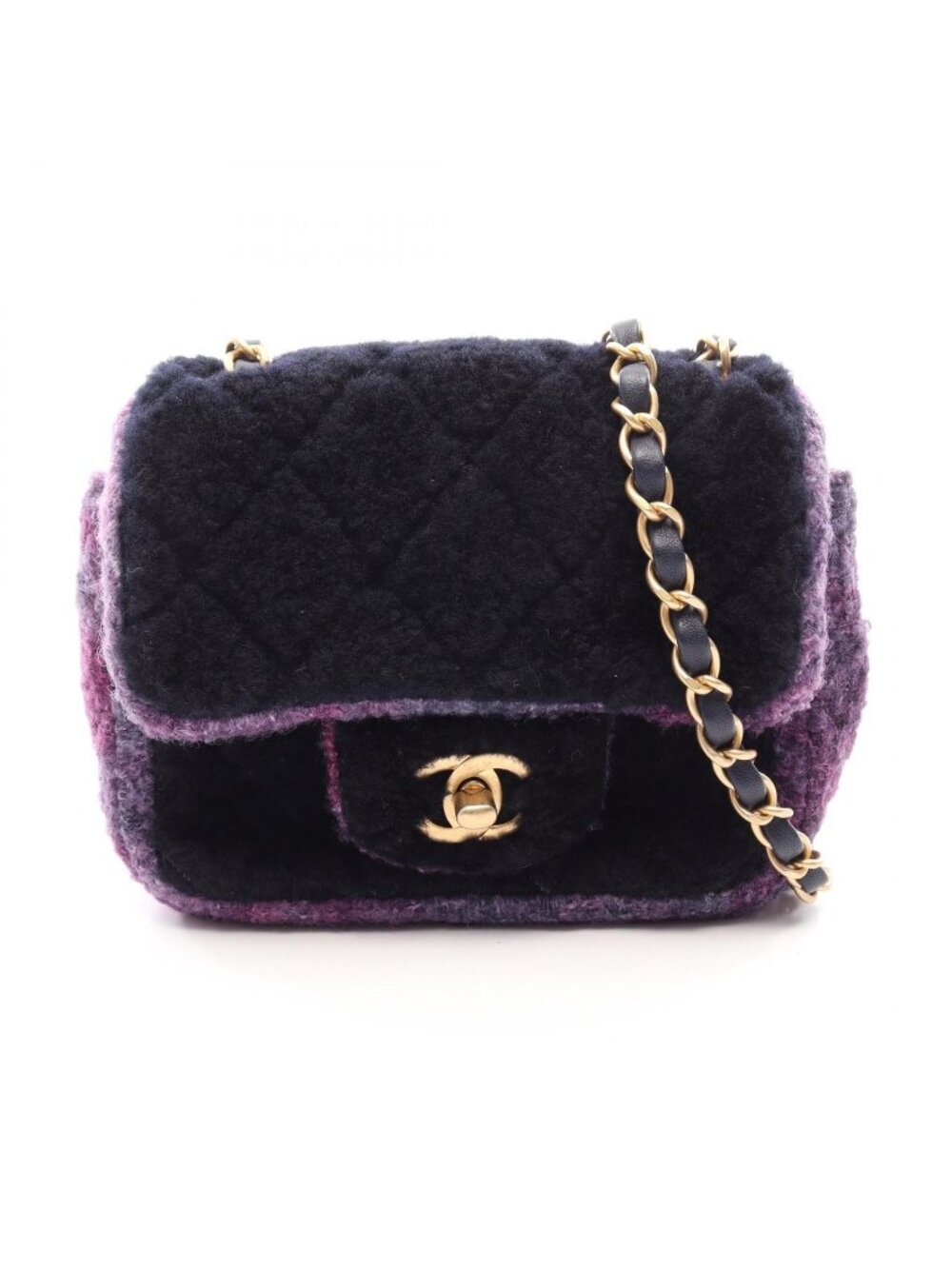 Chanel Shoulder Bag Mini Quilted Navy Purple Fabric Chain